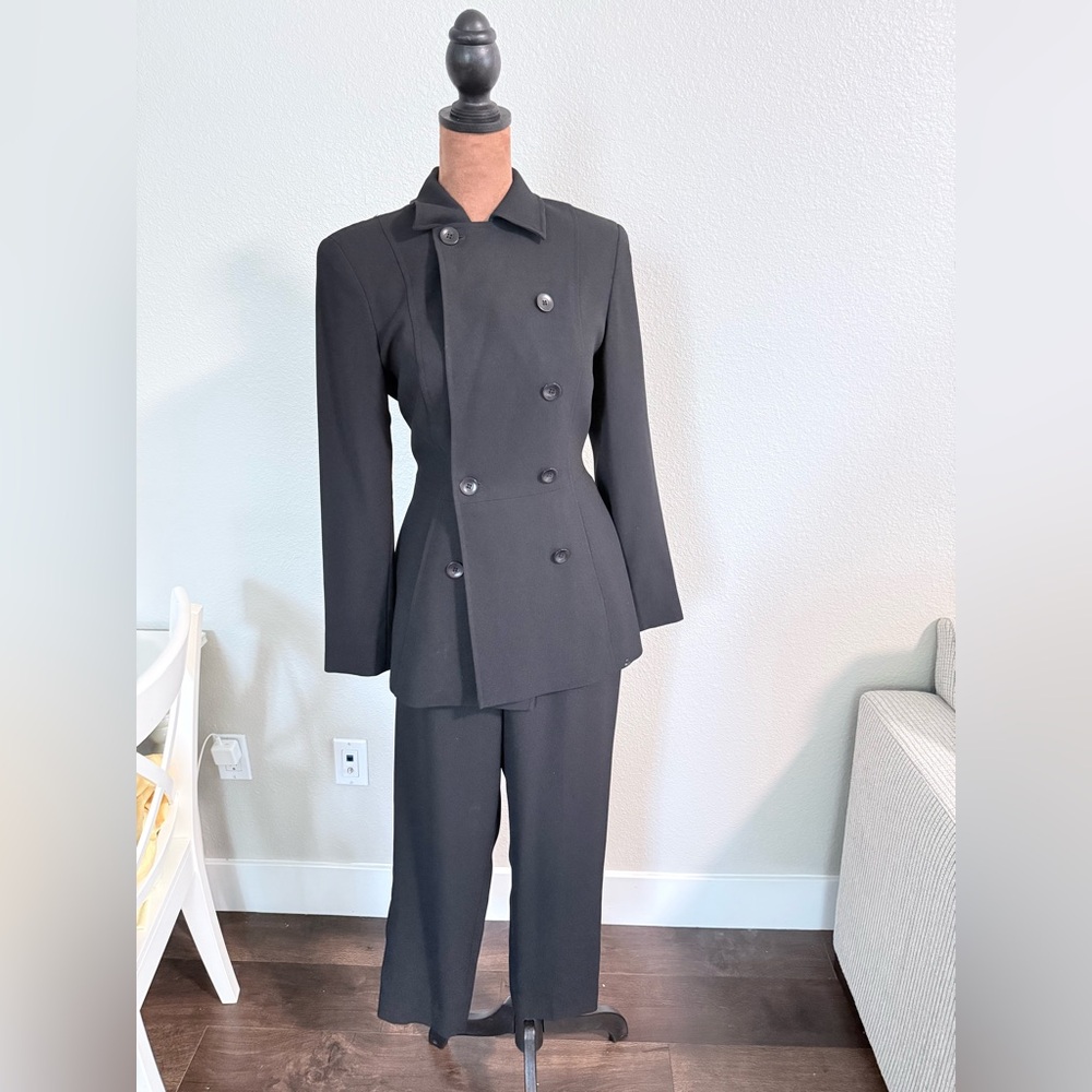 Black Power Suit 3-Piece Set Petite Blazer Skirt Pants | size 2p